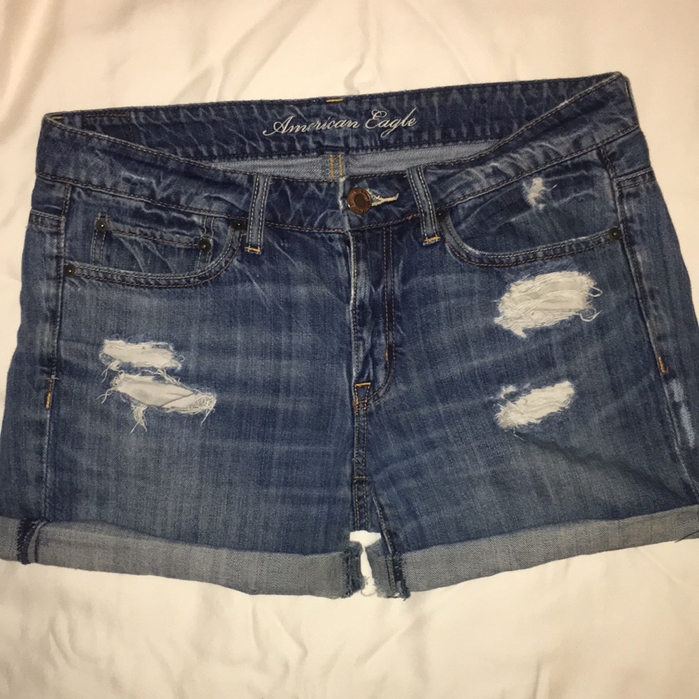 Distressed denim shorts